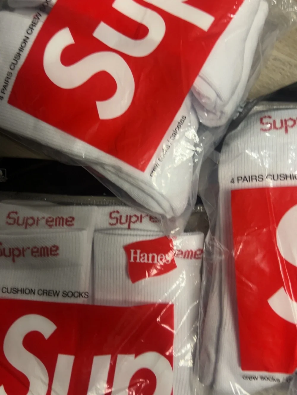 Supreme White Crew Socks with Red Logo - Pack of 4